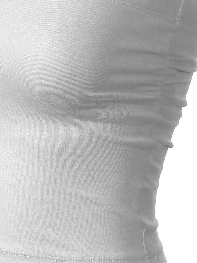 MixMatchy Women's Solid Casual Summer Ruched Side Backless Double Layered Tube Top with Built in Bra White - Image 4